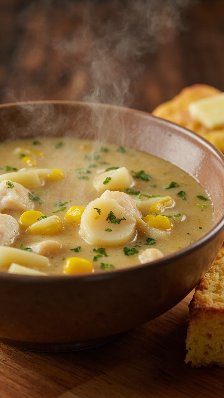 A bowl of rich, creamy chowder filled with morsels of cod, golden corn kernels, diced potatoes, and flecks of parsley. A slice of buttered cornbread sits beside the bowl on a wooden board. A bowl of rich, creamy chowder filled with morsels of cod, golden corn kernels, diced potatoes, and flecks of parsley. A slice of buttered cornbread sits beside the bowl on a wooden board.