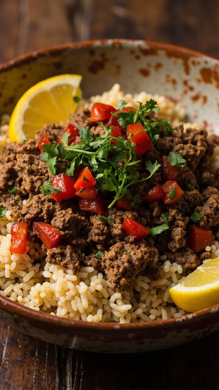 A large bowl with a mound of fluffy couscous, topped with spiced ground lamb and tiny diced red peppers, chopped fresh parsley sprinkled over, with lemon wedges at the rim.