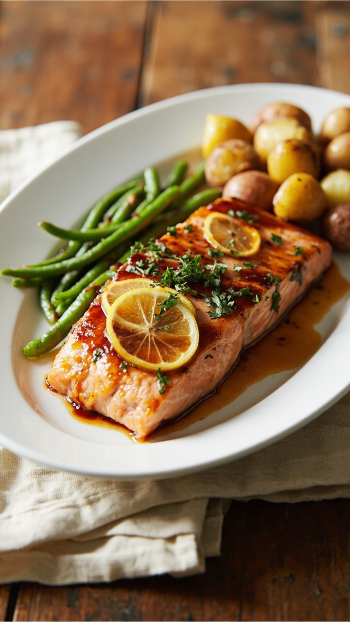 A salmon fillet glazed in a glossy golden maple-Dijon sauce, baked until just flaky on a white ceramic platter, garnished with a sprinkle of chopped parsley and a few lemon slices. Steamed green beans and roasted baby potatoes on the side. Everything set on a soft linen napkin over a wood table.