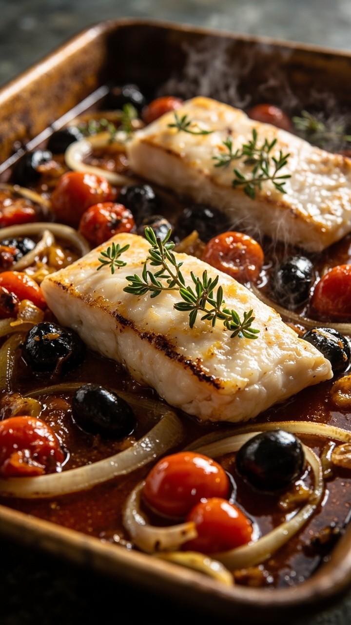 Cod fillets on a baking sheet, surrounded by a medley of roasted cherry tomatoes, black olives, and thin red onion slices, garnished with fresh thyme sprigs. The juices mingle on the pan, making a simple rustic sauce, and everything is served piping hot from the oven. Cod fillets on a baking sheet, surrounded by a medley of roasted cherry tomatoes, black olives, and thin red onion slices, garnished with fresh thyme sprigs. The juices mingle on the pan, making a simple rustic sauce, and everything is served piping hot from the oven.
