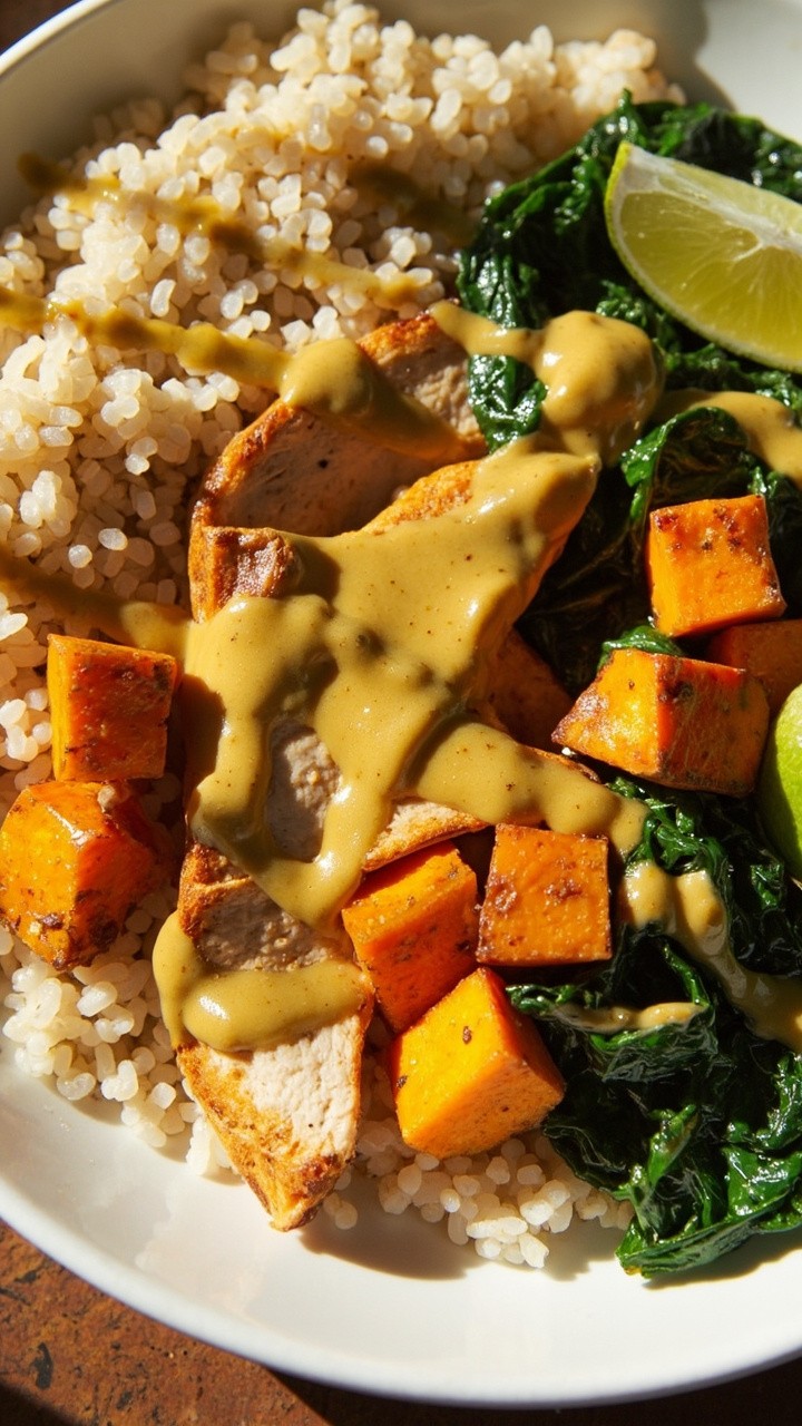A white bowl with fluffy white quinoa, slices of golden curry chicken breast, bright orange sweet potato cubes, wilted spinach, and a drizzle of creamy coconut curry sauce, lime wedge on the side.