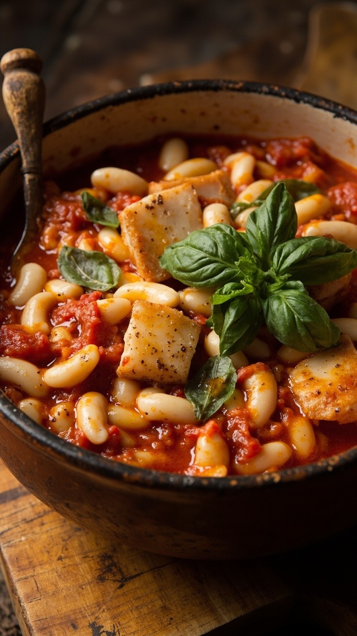 A deep bowl filled with creamy white beans, bright tomato sauce, and tender pieces of cod, garnished with a drizzle of olive oil and a scattering of fresh basil leaves. The bowl sits atop a wooden board with a spoon tucked in. A deep bowl filled with creamy white beans, bright tomato sauce, and tender pieces of cod, garnished with a drizzle of olive oil and a scattering of fresh basil leaves. The bowl sits atop a wooden board with a spoon tucked in.