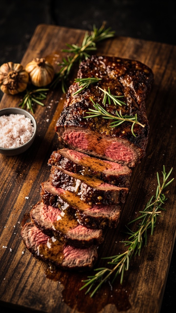 A thick, bone-in ribeye steak sliced against the grain on a rustic wooden board, the edges seared golden brown, center a perfect blush pink. Sprigs of fresh rosemary and thyme are scattered over the juicy slices. Pools of melted herb butter glisten across the steak. It’s set next to a tiny bowl of coarse salt and a few roasted garlic bulbs.