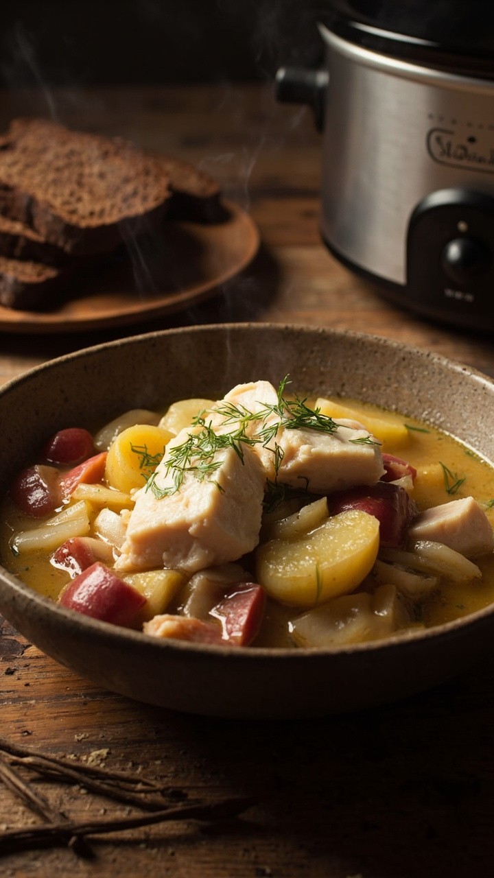 A scoop of tender cod, sliced red potatoes, and soft onions in a brothy casserole, served in a bowl and sprinkled with chopped dill. The slow cooker is in the background, and there are slices of rye bread on the table. A scoop of tender cod, sliced red potatoes, and soft onions in a brothy casserole, served in a bowl and sprinkled with chopped dill. The slow cooker is in the background, and there are slices of rye bread on the table.