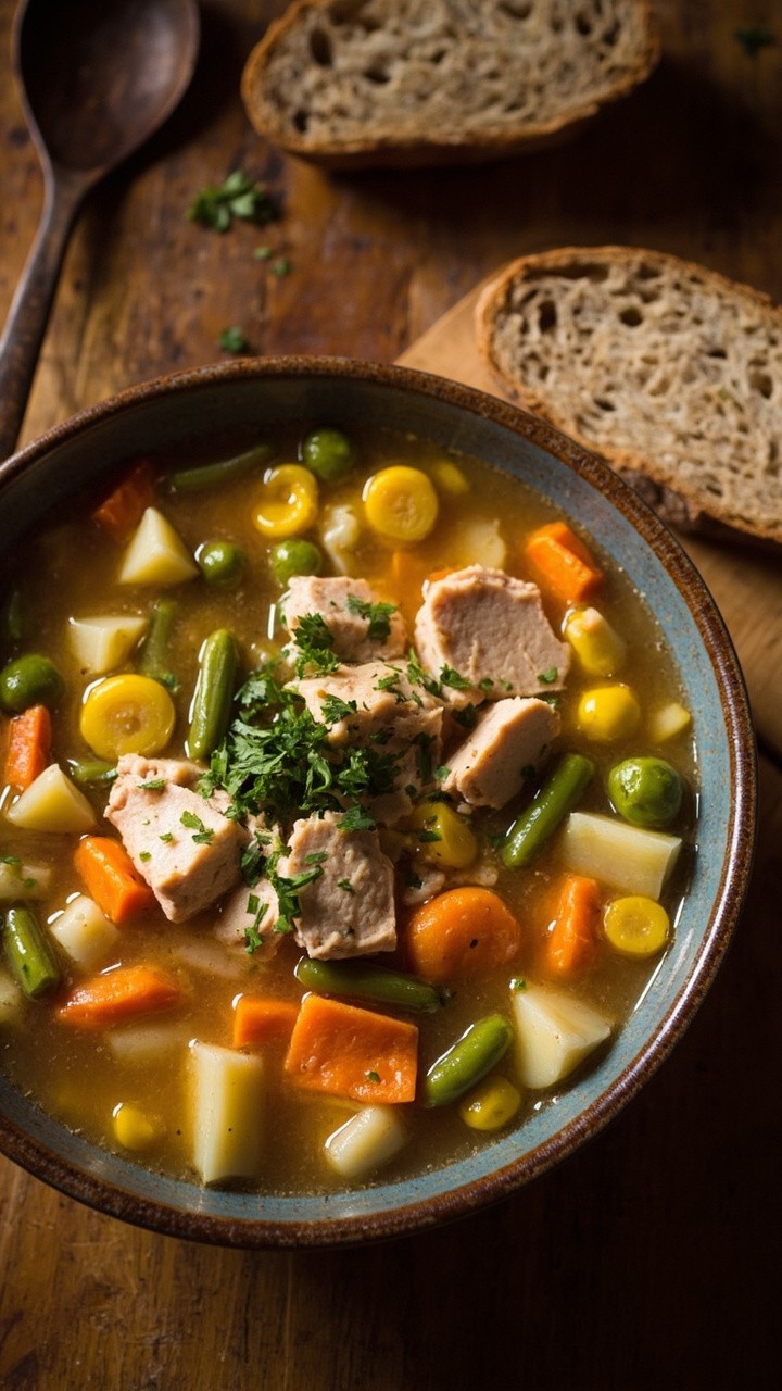 A large ceramic soup bowl brimming with golden broth, tender diced potatoes, carrots, green beans, corn kernels, and chunky tuna, scattered with chopped parsley. A spoon and a piece of rustic whole grain bread sit beside it. A large ceramic soup bowl brimming with golden broth, tender diced potatoes, carrots, green beans, corn kernels, and chunky tuna, scattered with chopped parsley. A spoon and a piece of rustic whole grain bread sit beside it.