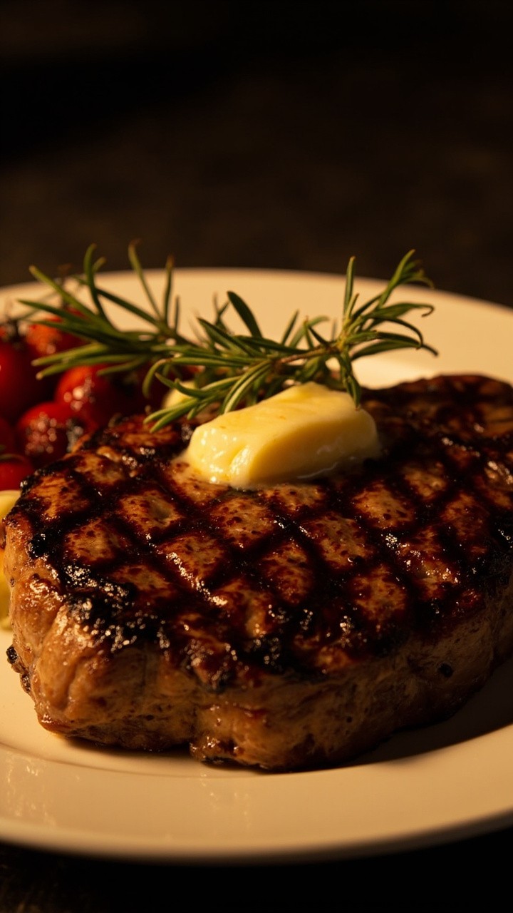 A broiled T-bone steak with defined grill marks, juicy and glistening, placed on a white plate with a sprig of rosemary and a side of roasted cherry tomatoes. A pat of butter melts into the center.