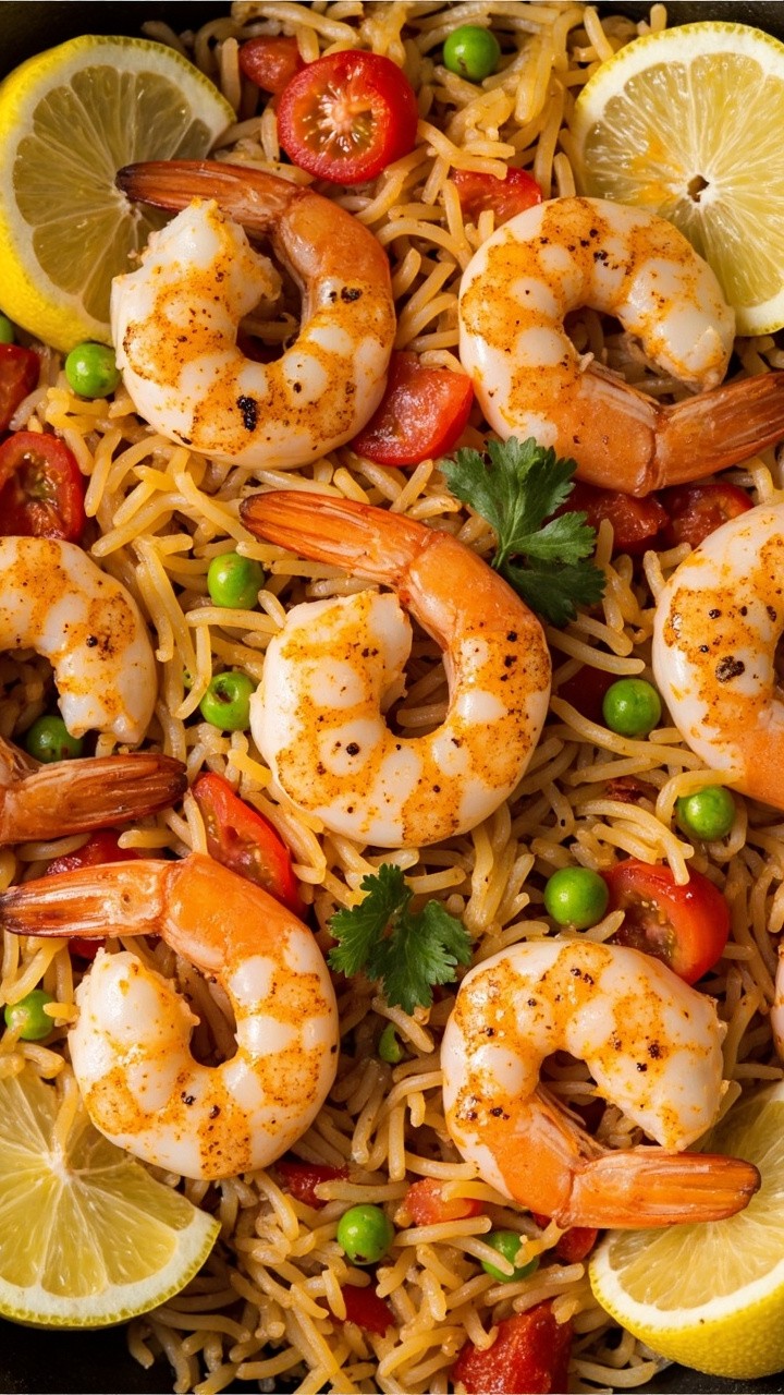 Plump shrimp arranged on top of yellow-tinted rice flecked with chopped tomatoes and peas. The skillet is garnished with parsley and lemon wedges, with the rice holding a sun-kissed hue from spices. Plump shrimp arranged on top of yellow-tinted rice flecked with chopped tomatoes and peas. The skillet is garnished with parsley and lemon wedges, with the rice holding a sun-kissed hue from spices.