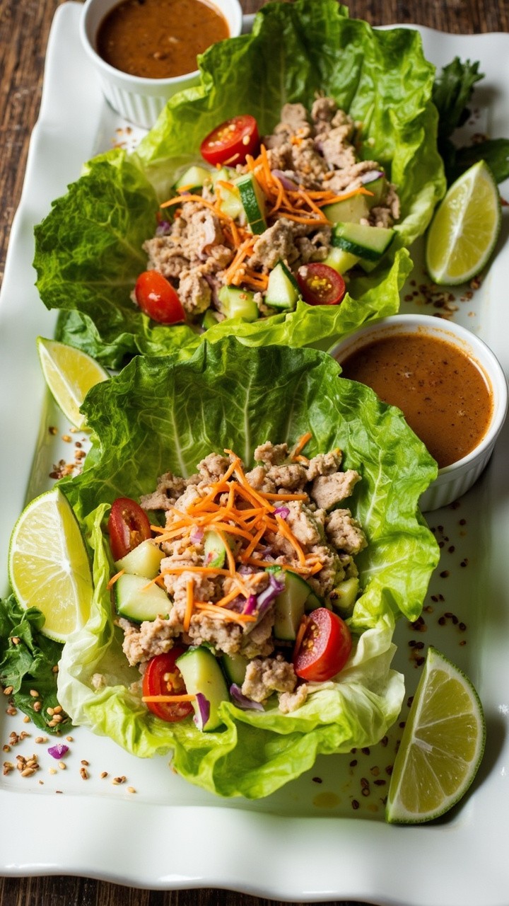 A platter with crisp romaine lettuce leaves filled with a chunky tuna-vegetable mix, sprinkled with shredded carrots and sesame seeds, with small bowls of dipping sauce and lime wedges alongside. A platter with crisp romaine lettuce leaves filled with a chunky tuna-vegetable mix, sprinkled with shredded carrots and sesame seeds, with small bowls of dipping sauce and lime wedges alongside.