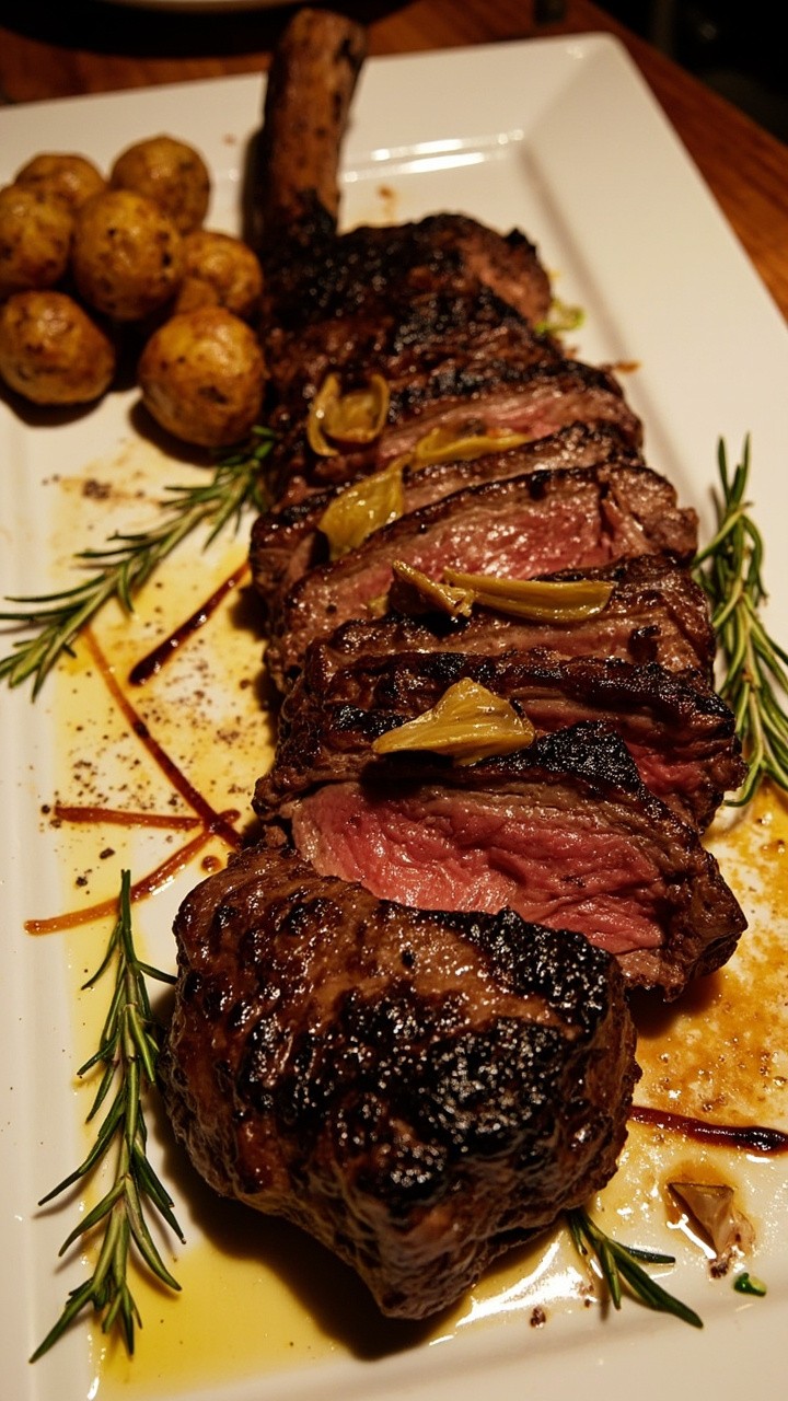 Juicy, sliced hanger steak, dark char on the outside, rosy within, layered atop a white serving platter. Garnished with rosemary sprigs, slivers of roasted garlic, and a drizzle of olive oil. Roasted baby potatoes sit to the side.