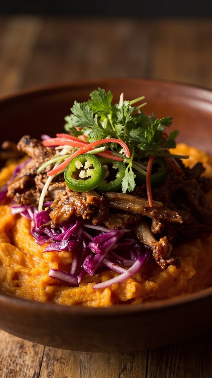 A round bowl with a base of mashed roasted sweet potato, piled with shredded barbecue pork, red cabbage slaw tossed in vinaigrette, sliced jalapeños, and cilantro, all on a wooden board.