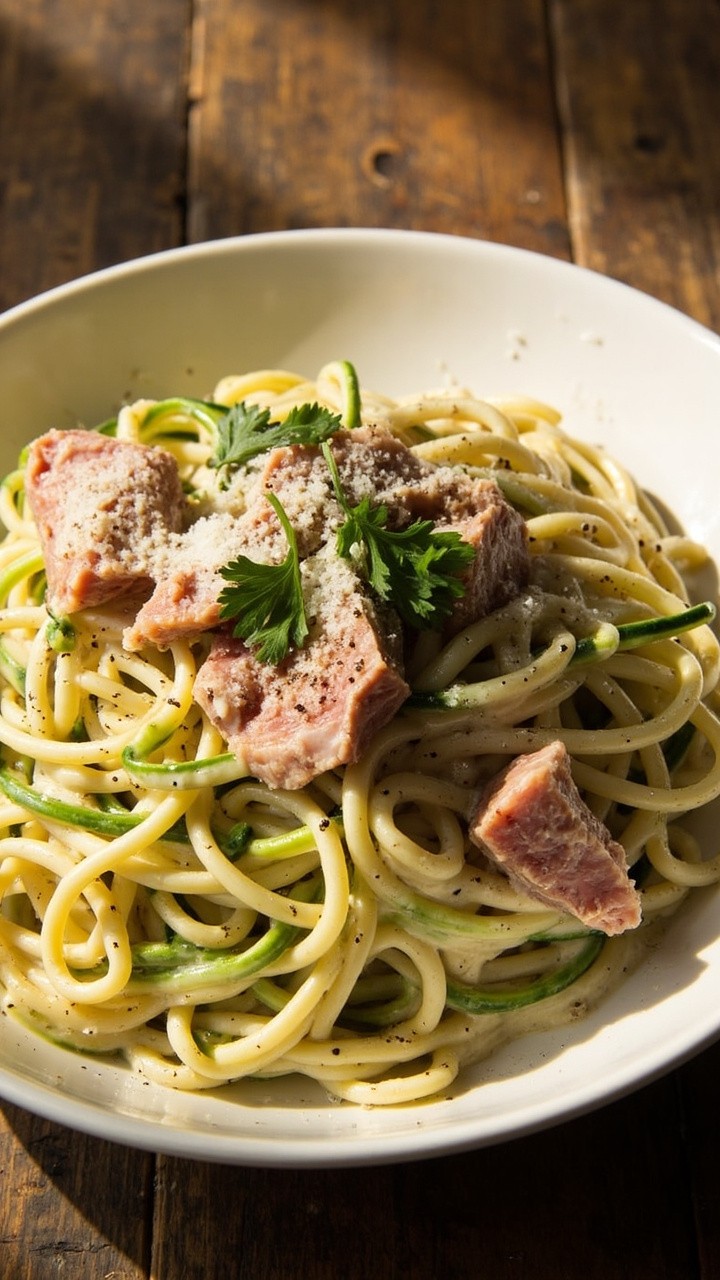 A white pasta bowl filled with spiraled zucchini noodles tossed in a creamy homemade Alfredo sauce, topped with large flakes of tuna and a dusting of grated Parmesan, with flecks of black pepper and parsley scattered over. A white pasta bowl filled with spiraled zucchini noodles tossed in a creamy homemade Alfredo sauce, topped with large flakes of tuna and a dusting of grated Parmesan, with flecks of black pepper and parsley scattered over.