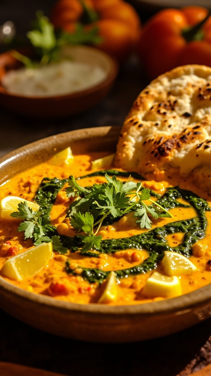 A wide shallow bowl holding creamy orange dal, swirled with green spinach, scattered with cilantro leaves and lemon wedges, naan bread tucked along the side of the bowl.
