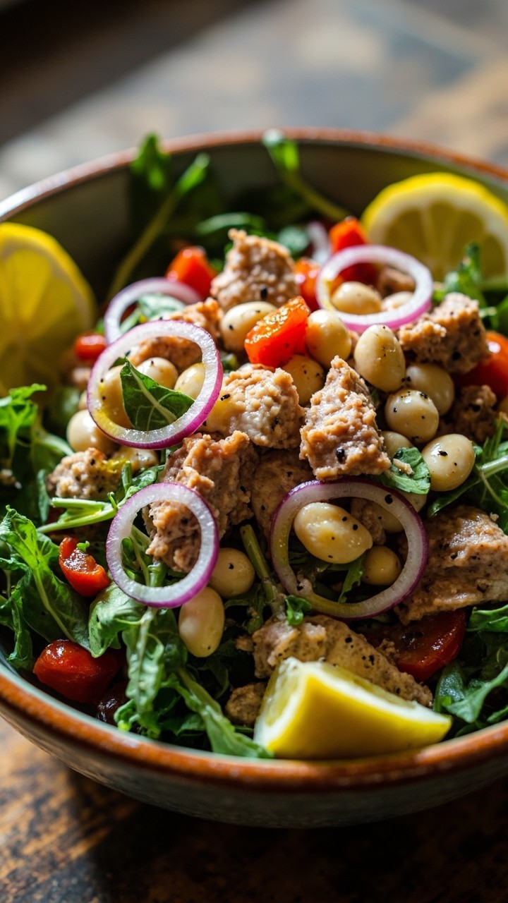 A large ceramic bowl with white beans, flaked tuna, arugula, thinly sliced red onion, and chopped roasted red peppers, all lightly tossed and garnished with a drizzle of olive oil and fresh cracked pepper. Lemon wedges nestle at the edge. A large ceramic bowl with white beans, flaked tuna, arugula, thinly sliced red onion, and chopped roasted red peppers, all lightly tossed and garnished with a drizzle of olive oil and fresh cracked pepper. Lemon wedges nestle at the edge.