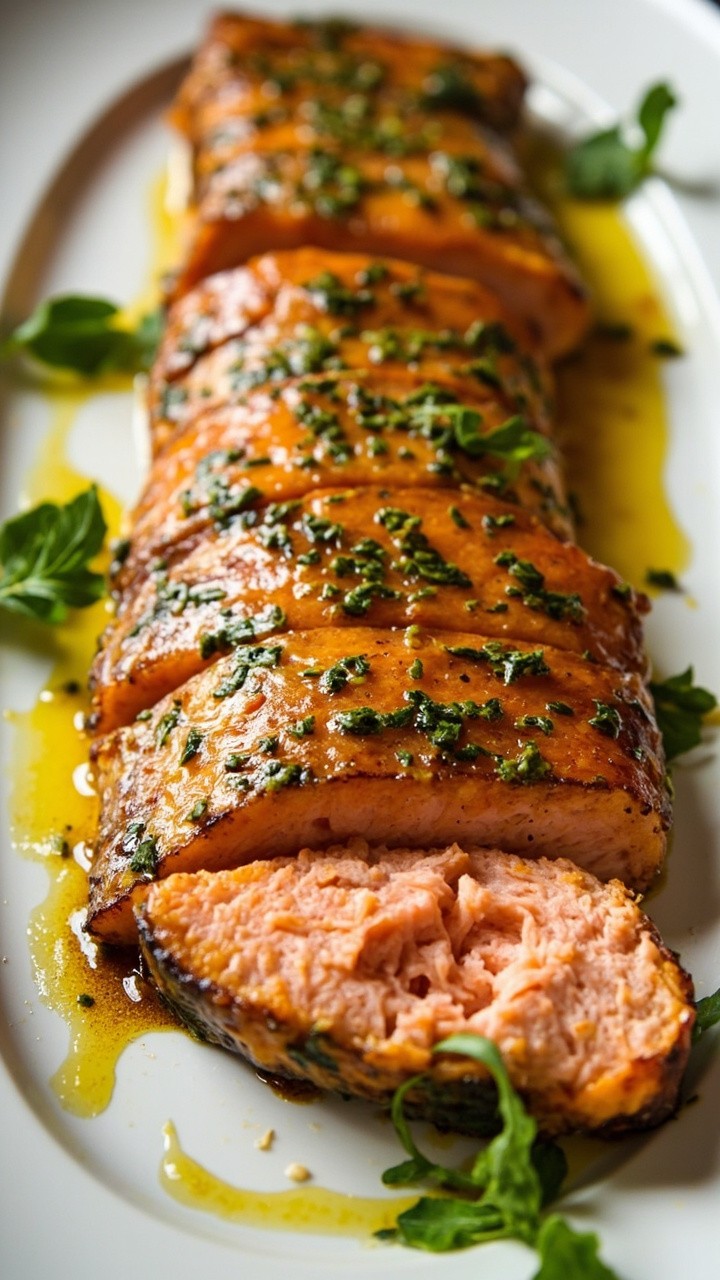 Salmon topped with a vivid layer of tangy mustard and finely chopped mixed herbs, baked until just set. Slices plated on a large oval platter, garnished with extra herbs and a swirl of olive oil.