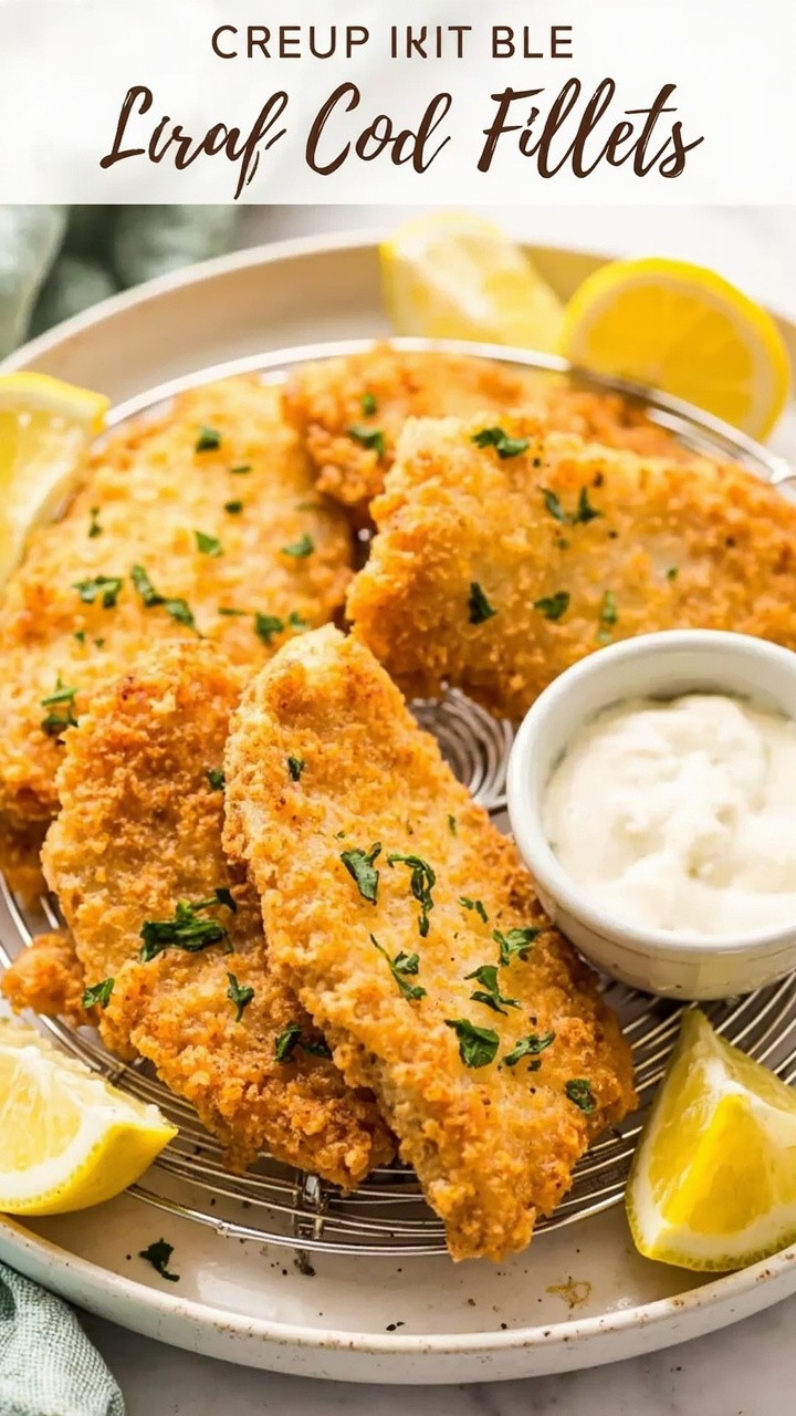 Cod fillets coated in a golden panko breading, baked on a wire rack with flecks of green parsley visible. Arranged on a round plate with lemon wedges and a small bowl of creamy tartar sauce for dipping. Cod fillets coated in a golden panko breading, baked on a wire rack with flecks of green parsley visible. Arranged on a round plate with lemon wedges and a small bowl of creamy tartar sauce for dipping.