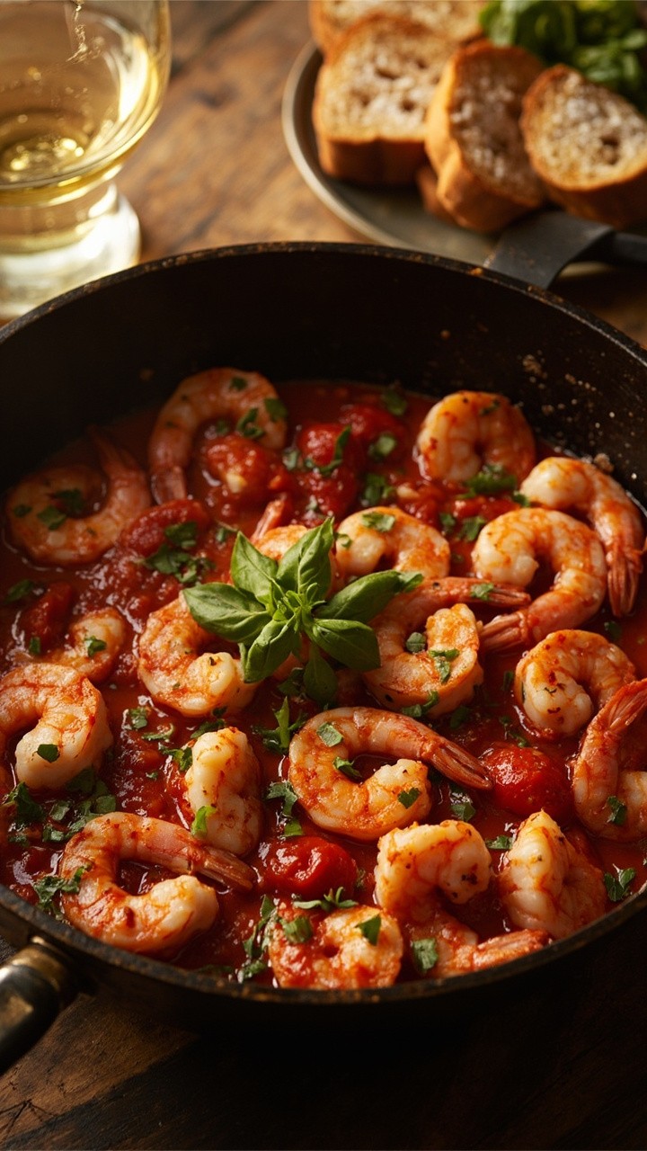 Large shrimp sautéed in a white wine and tomato sauce, dotted with cherry tomatoes and finished with chopped basil. A glass of white wine and slices of toasted baguette sit beside the skillet. Large shrimp sautéed in a white wine and tomato sauce, dotted with cherry tomatoes and finished with chopped basil. A glass of white wine and slices of toasted baguette sit beside the skillet.