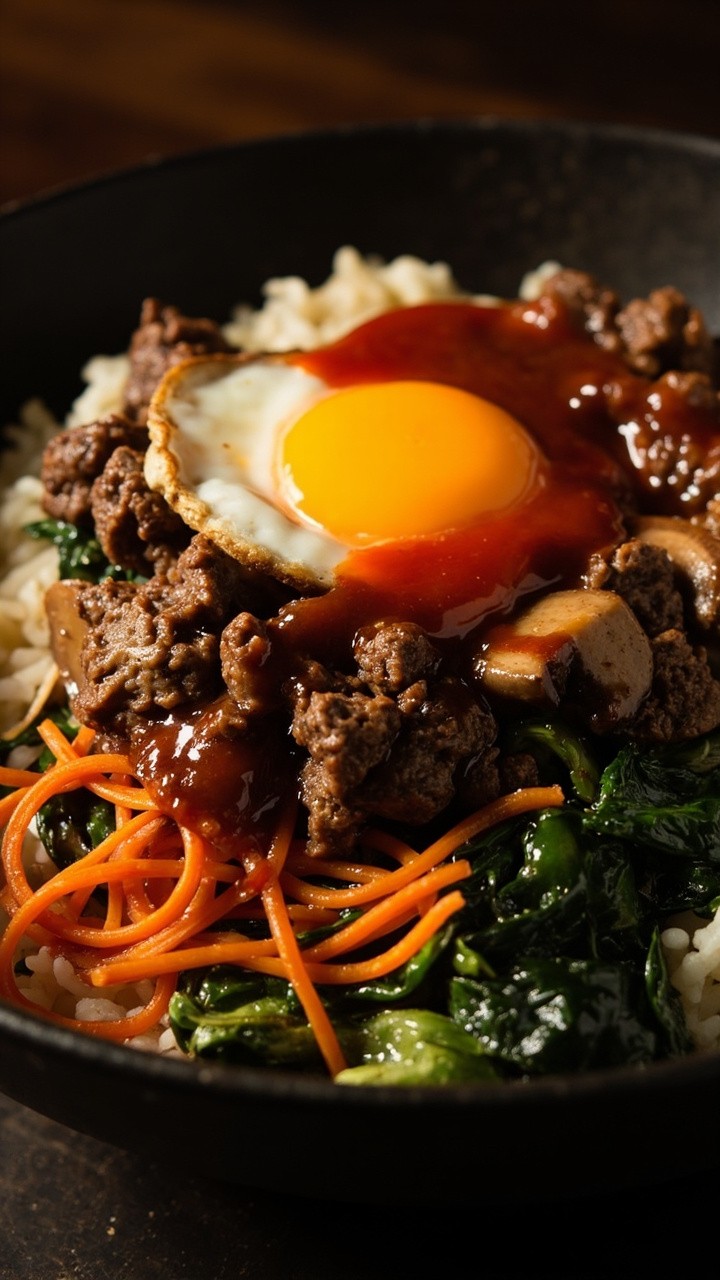 A black bowl layered with steaming white rice, a nest of sautéed spinach, spiraled carrots, sliced mushrooms, browned crumbled beef, and a sunny-side-up egg with gochujang sauce drizzled over.