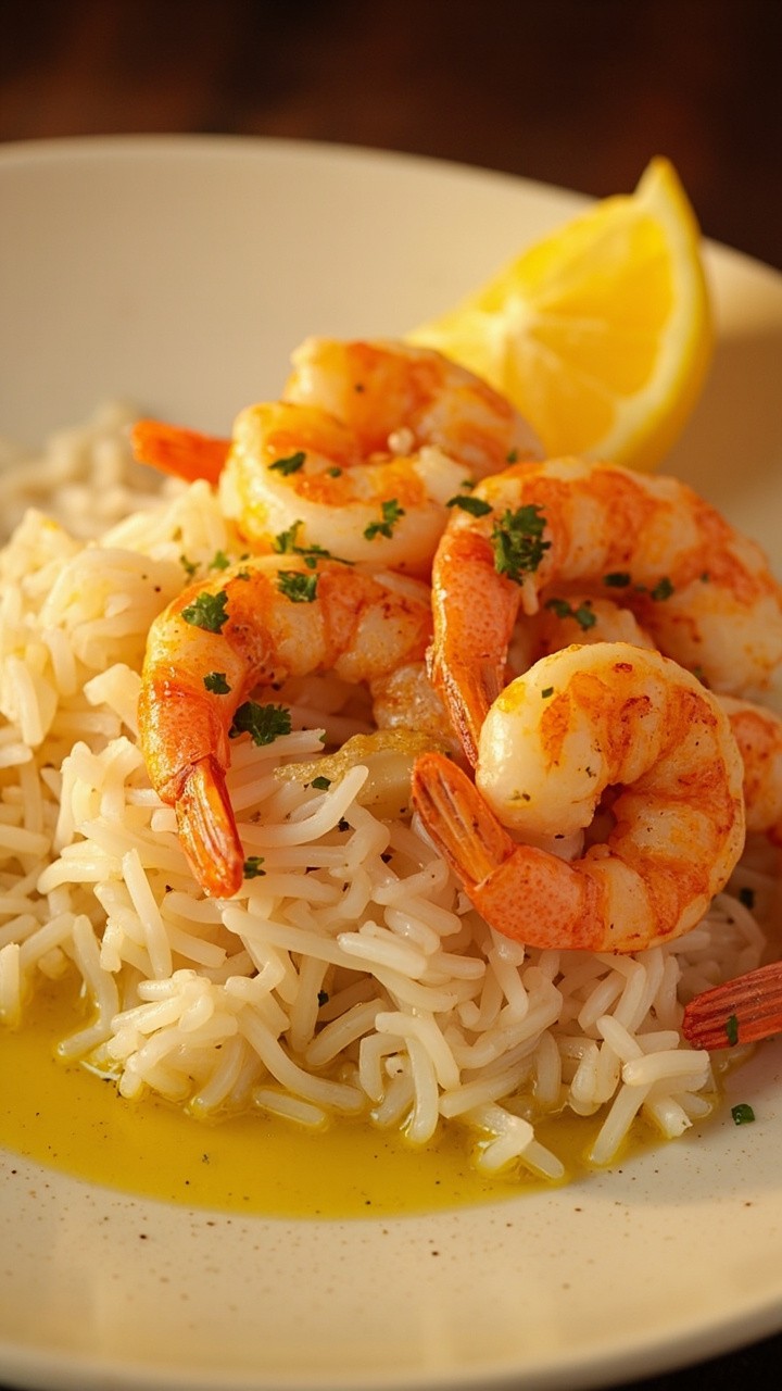 A wide shallow bowl filled with fluffy white rice, a generous pile of juicy shrimp glazed with golden garlic butter, flecks of parsley, a lemon wedge, and a drizzle of olive oil glistening on top. A wide shallow bowl filled with fluffy white rice, a generous pile of juicy shrimp glazed with golden garlic butter, flecks of parsley, a lemon wedge, and a drizzle of olive oil glistening on top.