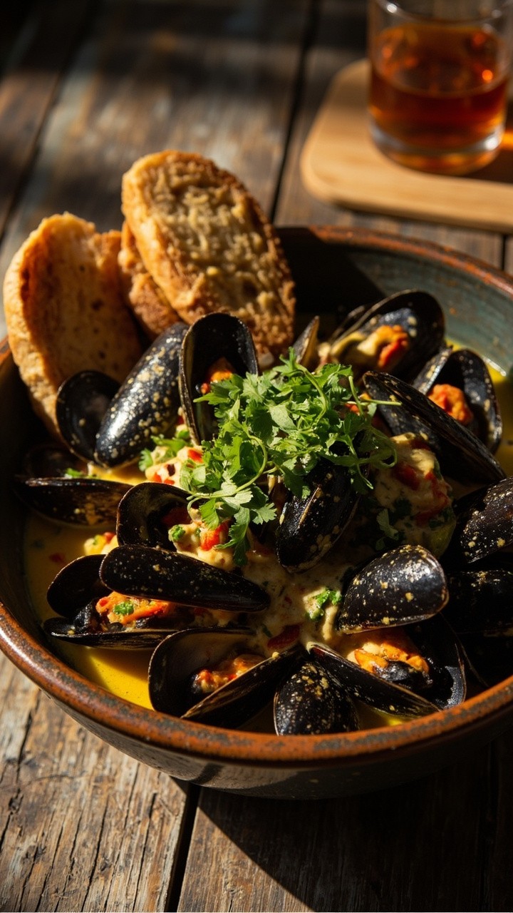 A deep bowl piled high with shiny black mussels, their shells opened, sitting in a creamy golden coconut curry sauce flecked with red chili and scattered cilantro. Slices of crusty bread are on the side for dipping. A deep bowl piled high with shiny black mussels, their shells opened, sitting in a creamy golden coconut curry sauce flecked with red chili and scattered cilantro. Slices of crusty bread are on the side for dipping.