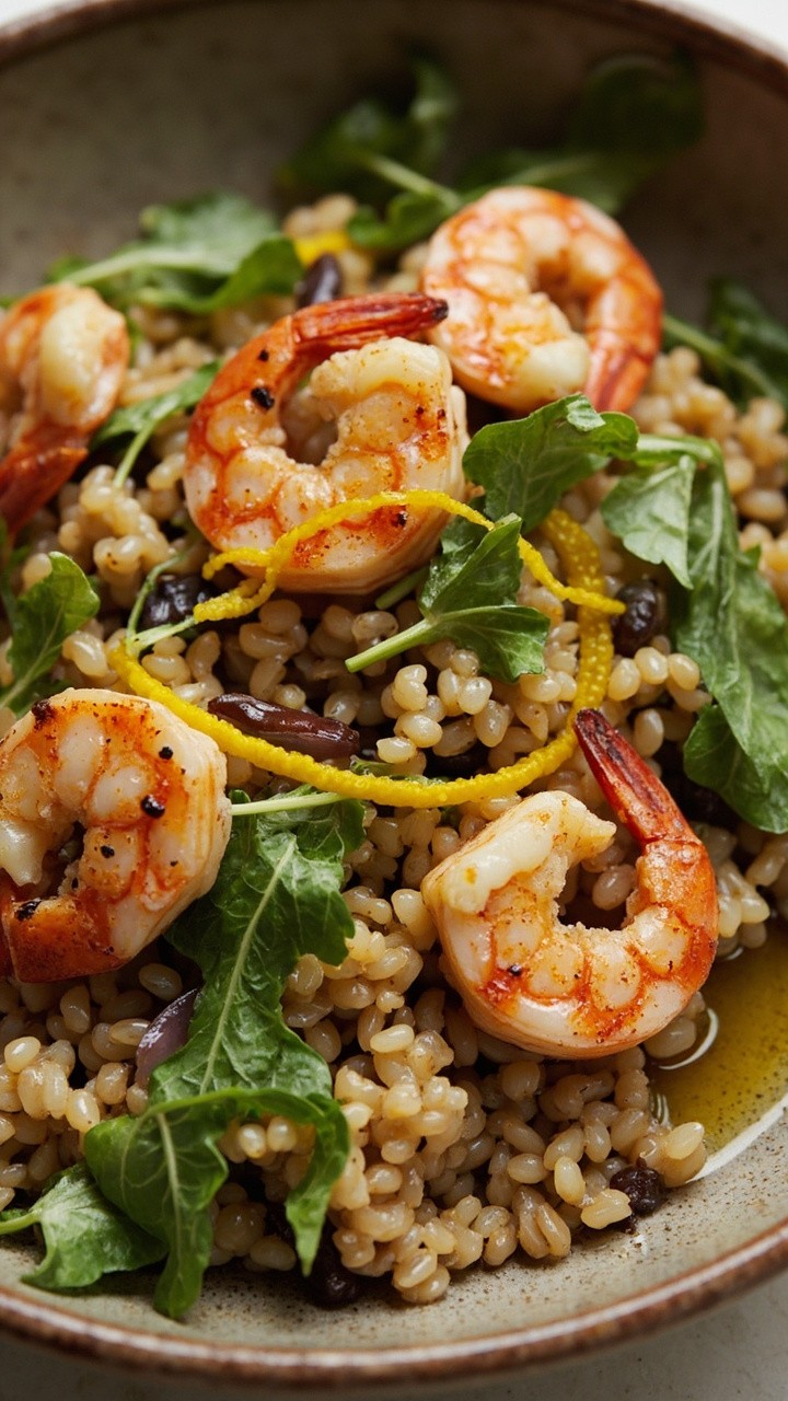 A shallow bowl full of chewy farro, golden seared shrimp with flecks of garlic and lemon zest, scattered baby arugula, and a drizzle of olive oil. A shallow bowl full of chewy farro, golden seared shrimp with flecks of garlic and lemon zest, scattered baby arugula, and a drizzle of olive oil.