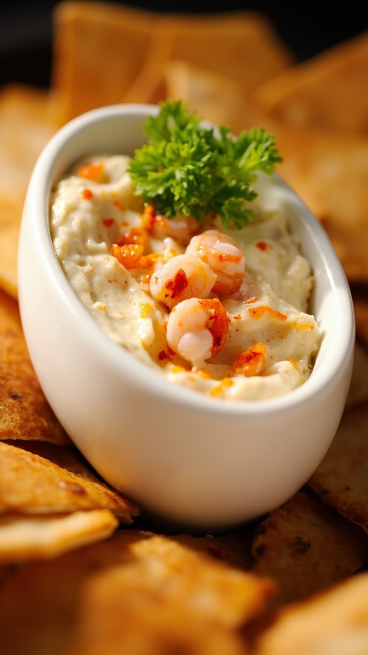 A small white oval dish filled with creamy dip flecked with orange-red bits of roasted pepper and chopped shrimp, topped with parsley and surrounded by pita wedges.