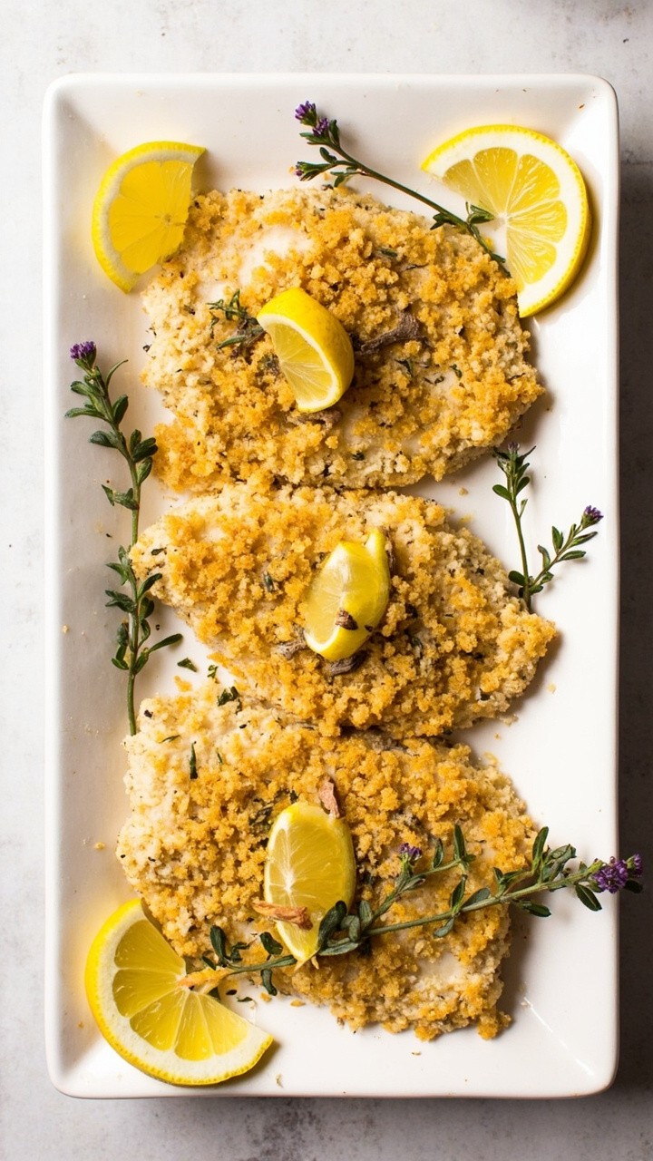 Thick fillets of halibut on a rectangular white platter, topped with a golden crumb crust, surrounded by lemon slices and fresh thyme. Thick fillets of halibut on a rectangular white platter, topped with a golden crumb crust, surrounded by lemon slices and fresh thyme.