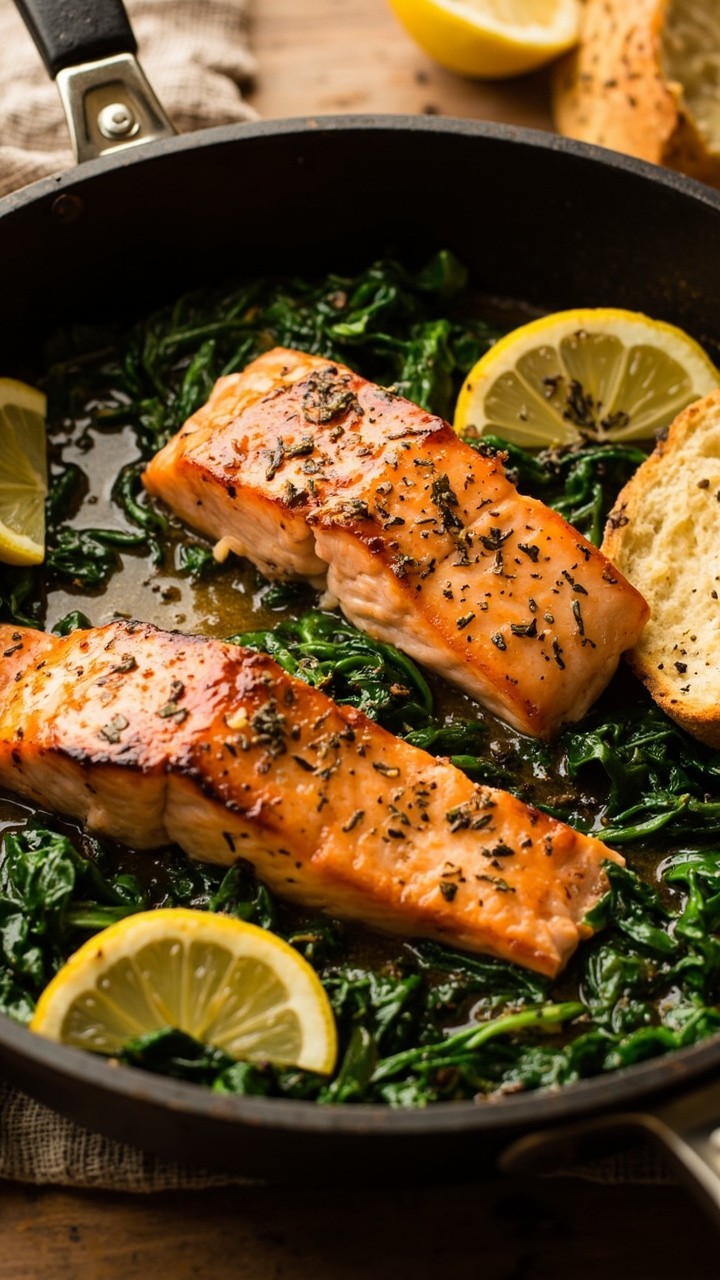Golden salmon fillets dusted with herbs, nestled in a glossy garlic butter sauce, surrounded by wilted green spinach. Served directly in a black skillet, lemon wedges and cracked pepper scattered. A crusty bread slice on the side, and a linen napkin for a cozy setting. Golden salmon fillets dusted with herbs, nestled in a glossy garlic butter sauce, surrounded by wilted green spinach. Served directly in a black skillet, lemon wedges and cracked pepper scattered. A crusty bread slice on the side, and a linen napkin for a cozy setting.