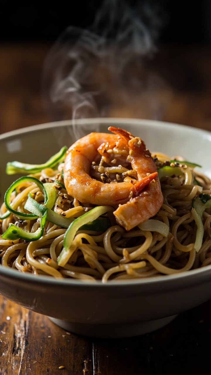 A bowl of earthy, light brown soba noodles, miso-glazed garlic shrimp piled on top, a tangle of ribboned cucumber, and a dash of toasted sesame seeds. A bowl of earthy, light brown soba noodles, miso-glazed garlic shrimp piled on top, a tangle of ribboned cucumber, and a dash of toasted sesame seeds.