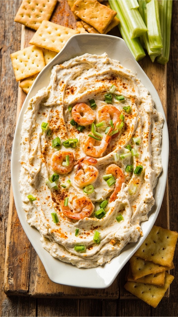 An oval white platter with a thick layer of creamy shrimp dip topped with chopped shrimp, scallions, and paprika, surrounded by buttery crackers and celery sticks on a rustic wooden table.