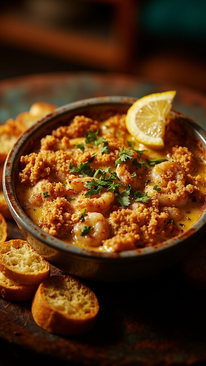 A decorative oval dish holding bubbling golden dip with visible pieces of shrimp, topped with toasted breadcrumbs and parsley, with lemon wedges and toasted baguette on the side.