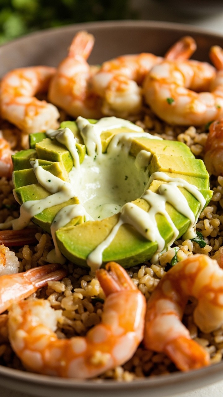 A bowl of nutty cooked bulgur, garlicky shrimp fanned around, half a sliced avocado nestled in, and a drizzle of bright cilantro yogurt sauce. A bowl of nutty cooked bulgur, garlicky shrimp fanned around, half a sliced avocado nestled in, and a drizzle of bright cilantro yogurt sauce.