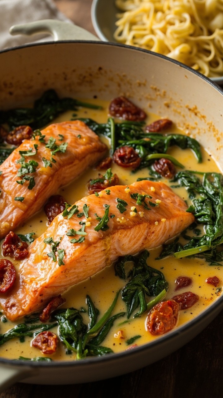 Thick salmon fillets coated in a creamy, sunset-gold sauce with ribbons of wilted spinach and chopped sun-dried tomatoes. Served in a cream-colored skillet, topped with a sprinkle of parsley, with a side of buttered noodles nearby. Thick salmon fillets coated in a creamy, sunset-gold sauce with ribbons of wilted spinach and chopped sun-dried tomatoes. Served in a cream-colored skillet, topped with a sprinkle of parsley, with a side of buttered noodles nearby.
