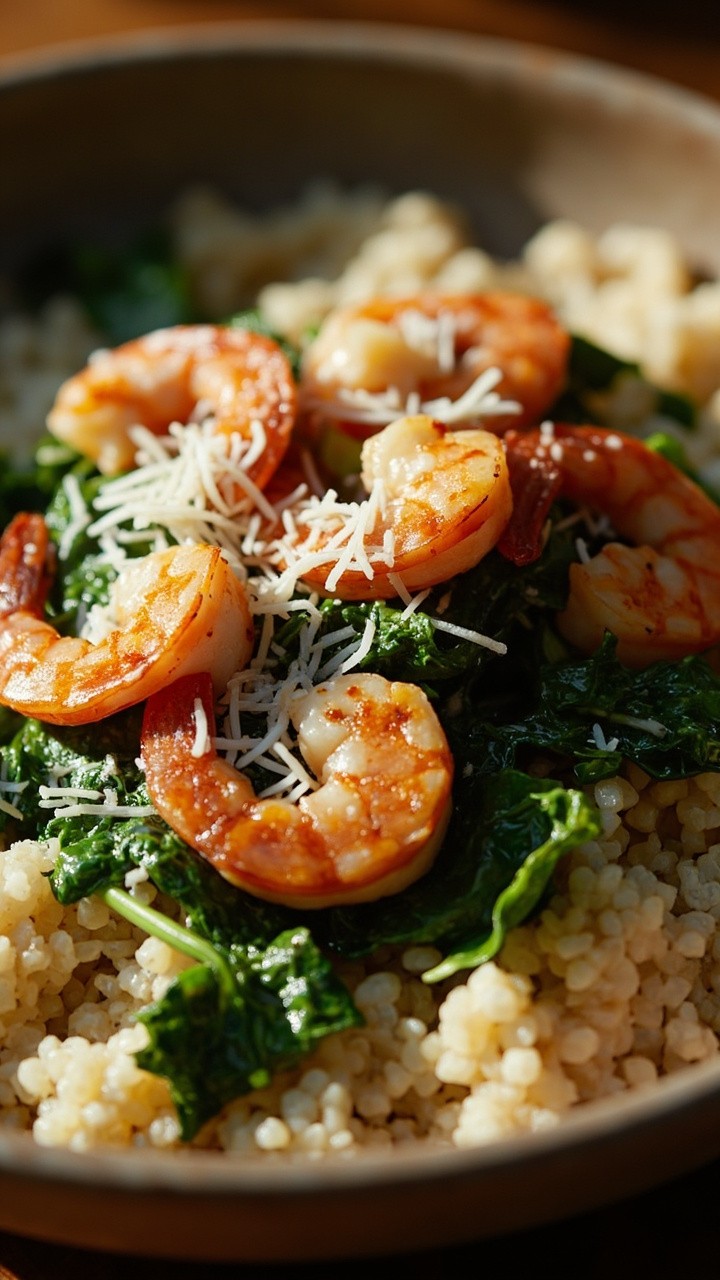 A deep ceramic bowl stuffed with fluffy quinoa, garlicky sautéed shrimp, wilted spinach ribbons, and a shower of grated parmesan on top. A deep ceramic bowl stuffed with fluffy quinoa, garlicky sautéed shrimp, wilted spinach ribbons, and a shower of grated parmesan on top.