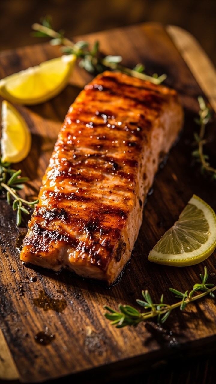 A full side of salmon fillet with glistening maple-Dijon glaze, browned at the edges, served on a rustic cedar plank atop a wooden board, with sprigs of thyme and sliced lemons. A full side of salmon fillet with glistening maple-Dijon glaze, browned at the edges, served on a rustic cedar plank atop a wooden board, with sprigs of thyme and sliced lemons.