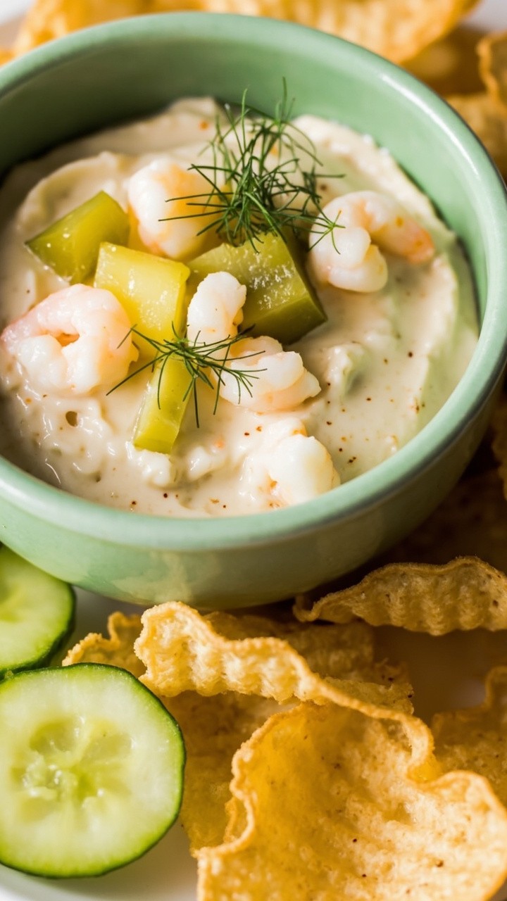 A pastel green bowl filled with creamy, speckled shrimp dip dotted with diced pickles and fresh dill, with crispy wavy potato chips and cucumber rounds on a platter.