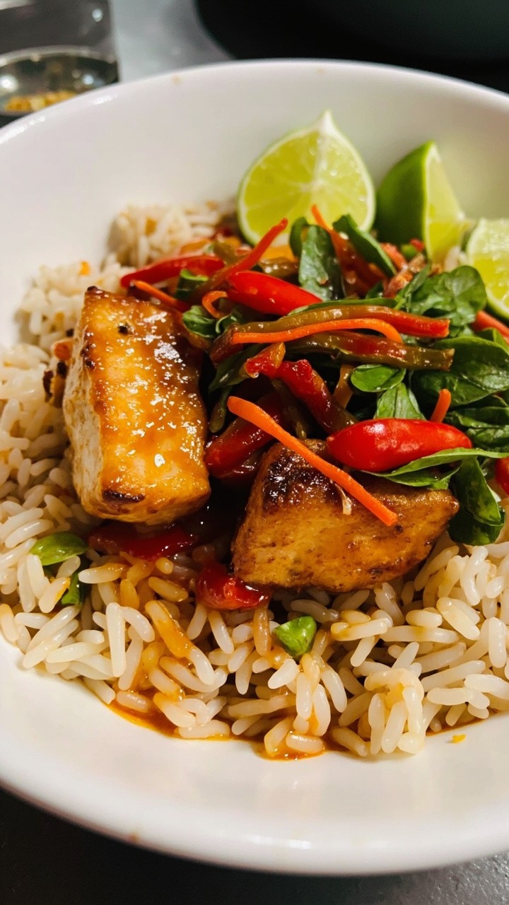 A wide white bowl filled with fluffy jasmine rice and topped with chunks of golden seared fish, sautéed red and green bell peppers, and wilted Thai basil leaves. The sauce glistens, with a sprinkling of red chili slivers for color. Lime wedges on the rim. A wide white bowl filled with fluffy jasmine rice and topped with chunks of golden seared fish, sautéed red and green bell peppers, and wilted Thai basil leaves. The sauce glistens, with a sprinkling of red chili slivers for color. Lime wedges on the rim.