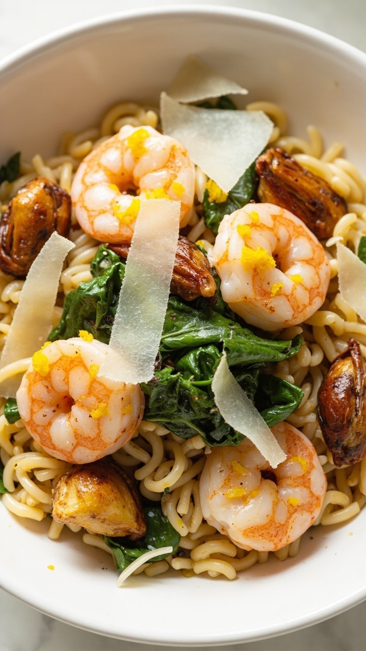 A glossy white bowl of golden orzo, glossy shrimp tossed with lemon zest and roasted garlic, a handful of baby spinach, and shaved parmesan. A glossy white bowl of golden orzo, glossy shrimp tossed with lemon zest and roasted garlic, a handful of baby spinach, and shaved parmesan.