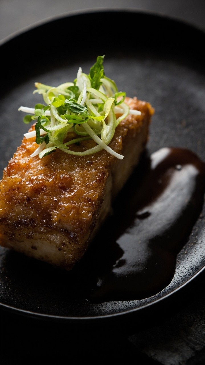 A fillet of glistening black cod with a caramelized miso crust, nestled atop a lacquered black plate, garnished with green onions and matchstick radish, with a brush of miso sauce on the side. A fillet of glistening black cod with a caramelized miso crust, nestled atop a lacquered black plate, garnished with green onions and matchstick radish, with a brush of miso sauce on the side.