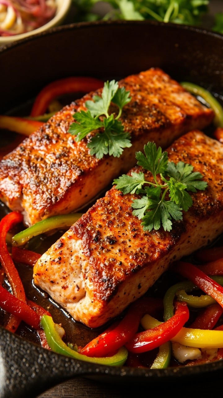 Seared salmon fillets dusted in red Cajun seasoning, nestled among sautéed red, yellow, and green bell pepper strips. Served in a cast iron pan, topped with fresh cilantro. Seared salmon fillets dusted in red Cajun seasoning, nestled among sautéed red, yellow, and green bell pepper strips. Served in a cast iron pan, topped with fresh cilantro.