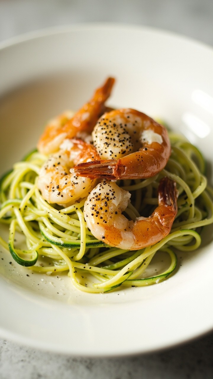 A neatly twirled pile of pale green zucchini noodles in a bowl, glossy garlic sautéed shrimp sitting on top with a scattering of parmesan and fresh cracked pepper. A neatly twirled pile of pale green zucchini noodles in a bowl, glossy garlic sautéed shrimp sitting on top with a scattering of parmesan and fresh cracked pepper.