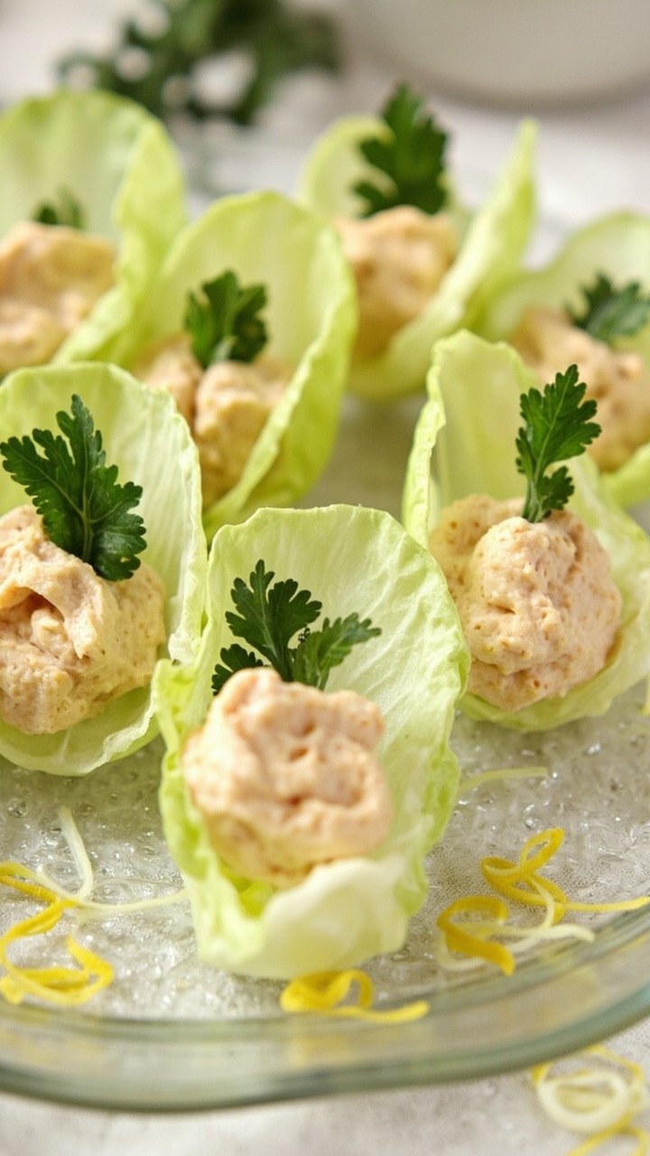 Pale green endive leaves filled with a light pink salmon mousse, garnished with parsley and a few lemon zest spirals. Laid out in a fan shape on a glass platter. Pale green endive leaves filled with a light pink salmon mousse, garnished with parsley and a few lemon zest spirals. Laid out in a fan shape on a glass platter.