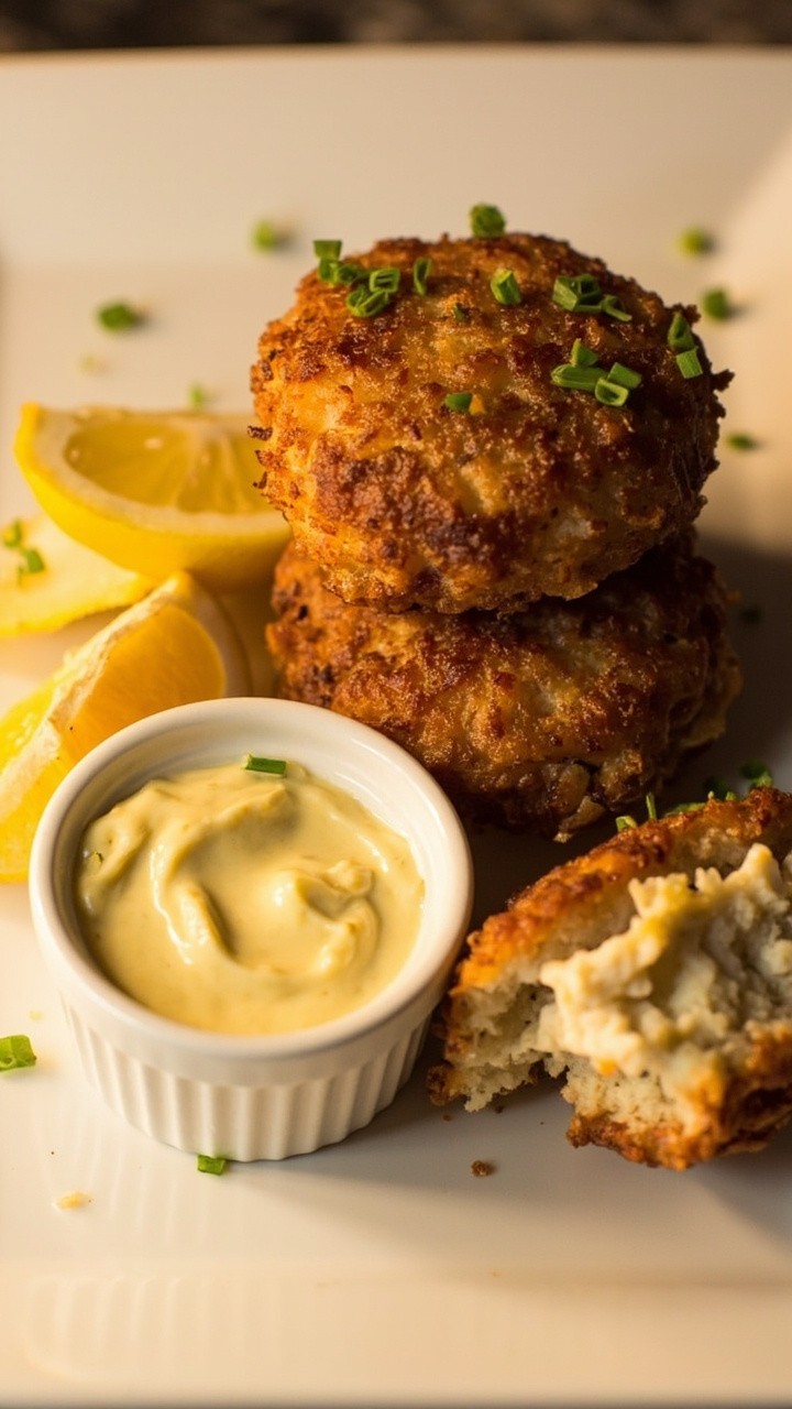 Golden-brown crab cakes stacked on a white square platter, with a small ramekin of lemon-herb remoulade and wedges of lemon on the side, garnished with snipped chives. Golden-brown crab cakes stacked on a white square platter, with a small ramekin of lemon-herb remoulade and wedges of lemon on the side, garnished with snipped chives.