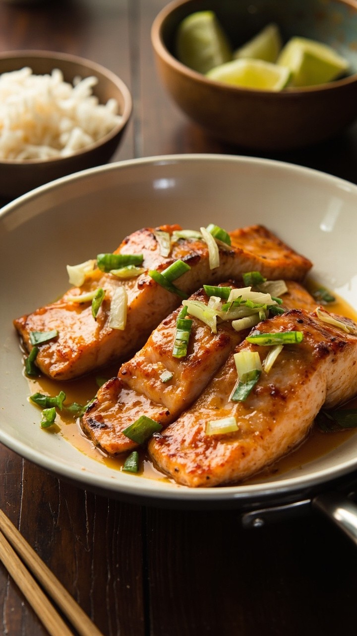 Salmon fillets in a light golden sauce with flecks of ginger and scallion, set on a white skillet. Steamed rice and a wedge of lime sit beside, with a pair of chopsticks nearby. Salmon fillets in a light golden sauce with flecks of ginger and scallion, set on a white skillet. Steamed rice and a wedge of lime sit beside, with a pair of chopsticks nearby.