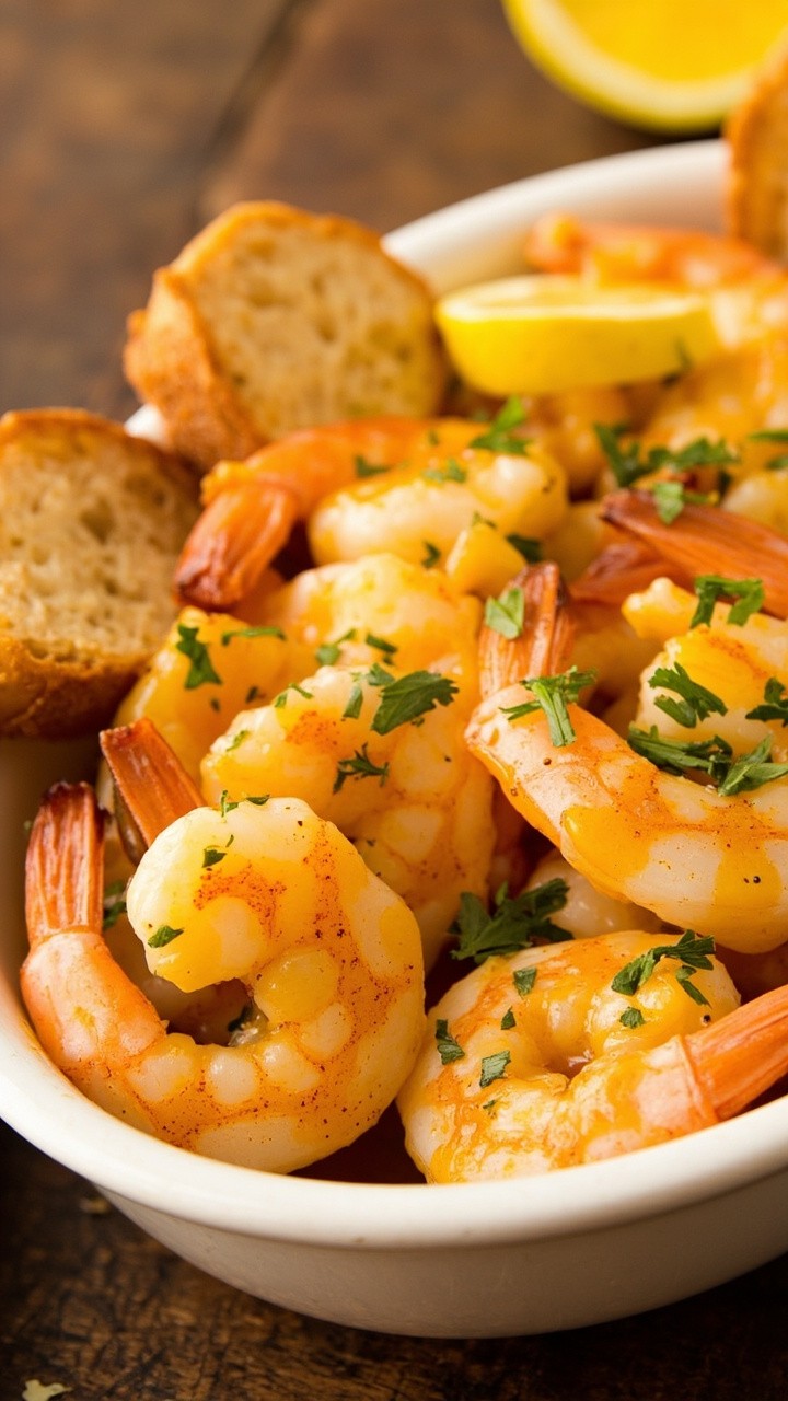 A shallow white bowl filled with plump shrimp glistening in golden garlic butter, scattered with chopped parsley. Several slices of toasted baguette are arranged on the rim for dipping. A small squeeze of lemon finishes the scene. A shallow white bowl filled with plump shrimp glistening in golden garlic butter, scattered with chopped parsley. Several slices of toasted baguette are arranged on the rim for dipping. A small squeeze of lemon finishes the scene.