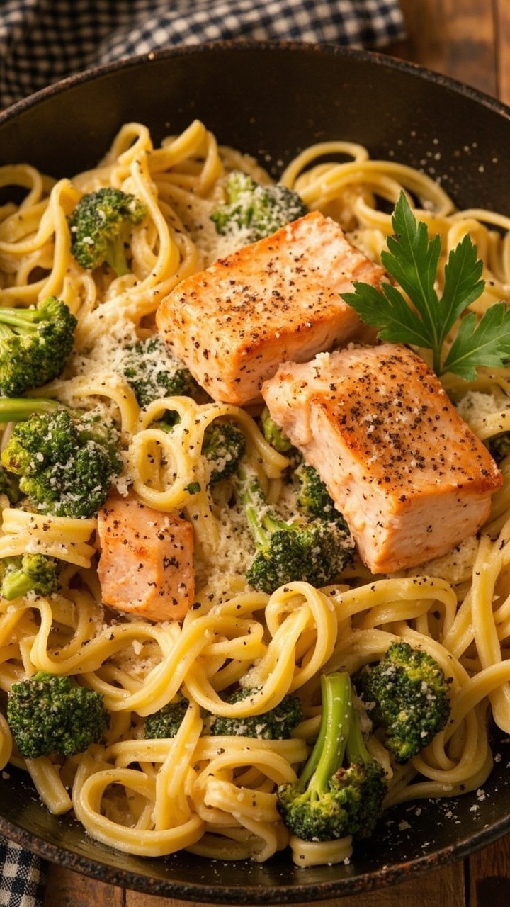 Twists of fettuccine tossed with broccoli florets and chunks of salmon coated in a creamy Alfredo sauce. Served in a deep skillet, dusted with parmesan and black pepper, a bright green sprig of parsley on the side. Twists of fettuccine tossed with broccoli florets and chunks of salmon coated in a creamy Alfredo sauce. Served in a deep skillet, dusted with parmesan and black pepper, a bright green sprig of parsley on the side.
