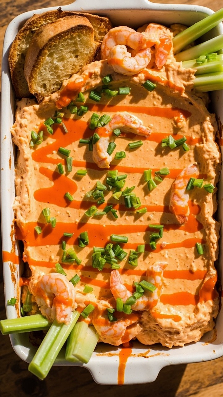 A rectangular baking dish of orange-tinged, creamy dip topped with chopped green onions, visible pink shrimp, and a drizzle of Buffalo sauce, with crunchy celery sticks and toasted bread slices.
