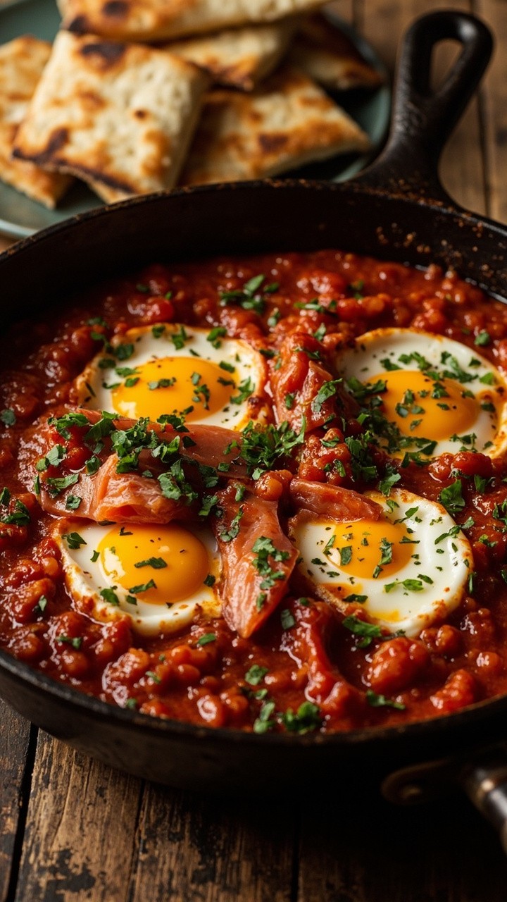 A skillet filled with chunky tomato sauce, pockets of poached eggs, and flakes of salmon. Chopped parsley sprinkled on top, with pieces of warm pita ready for dipping. A skillet filled with chunky tomato sauce, pockets of poached eggs, and flakes of salmon. Chopped parsley sprinkled on top, with pieces of warm pita ready for dipping.
