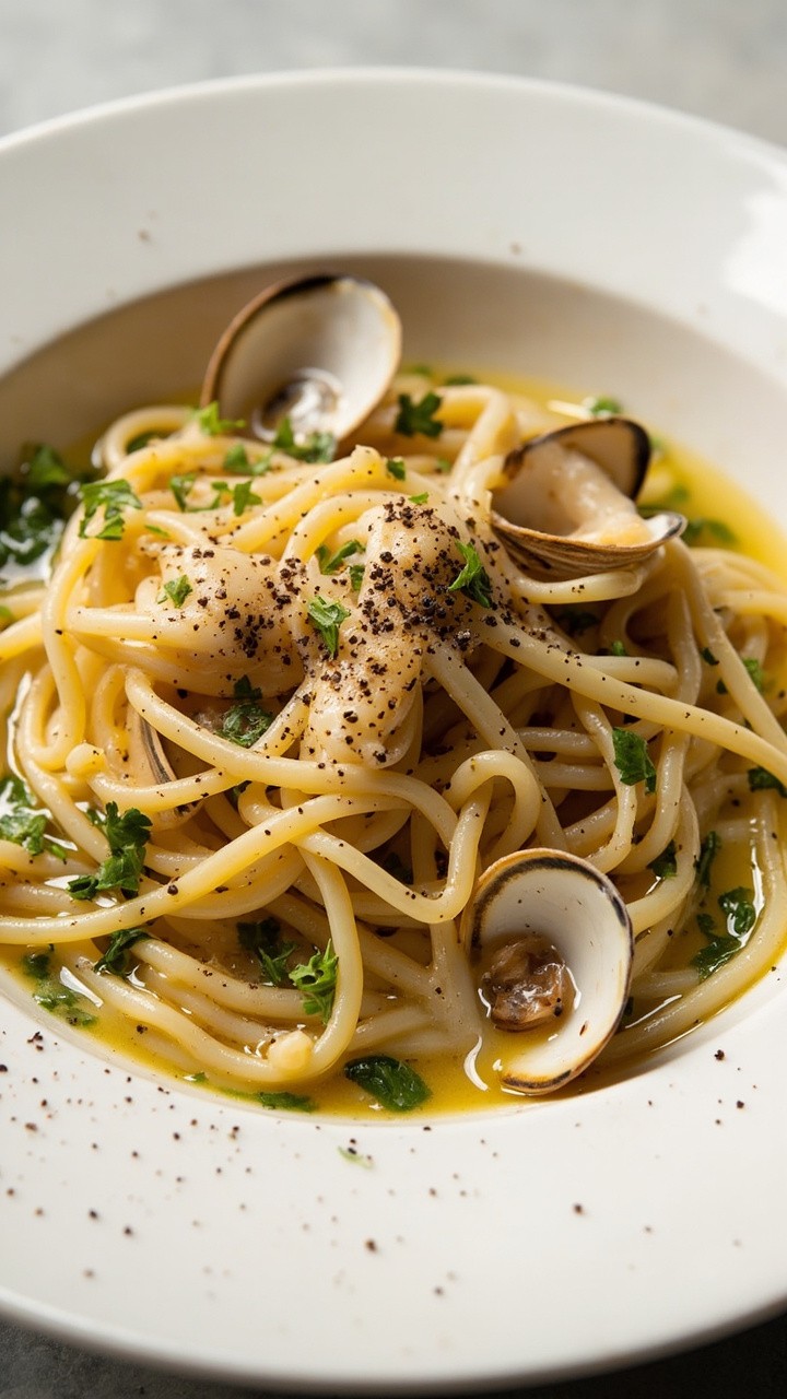Twirls of linguine in a wide white bowl, dotted with open clam shells and a glossy white wine broth, strewn with chopped parsley and cracked black pepper. Twirls of linguine in a wide white bowl, dotted with open clam shells and a glossy white wine broth, strewn with chopped parsley and cracked black pepper.