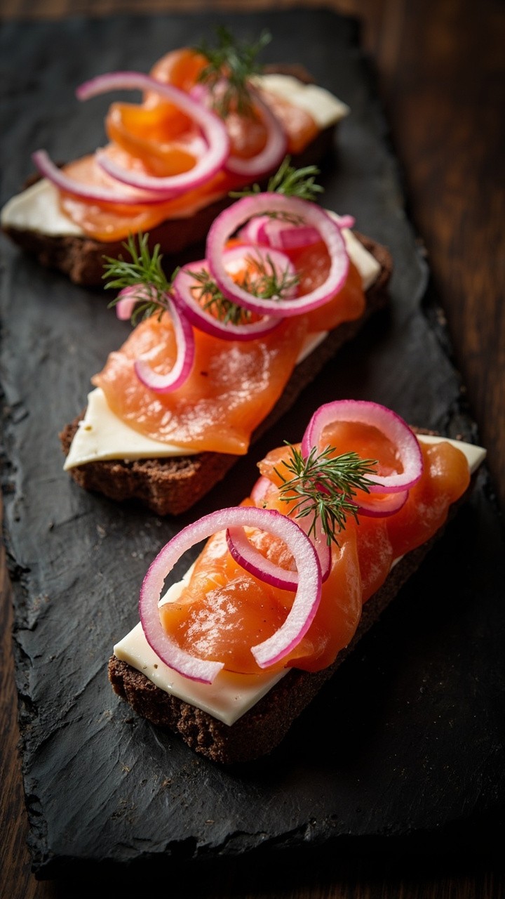 Rye bread triangles layered with cream cheese, pink slices of cold-smoked salmon, loops of fuchsia pickled onions, and a sprinkle of fresh dill, arranged on a slate tray for contrast. Rye bread triangles layered with cream cheese, pink slices of cold-smoked salmon, loops of fuchsia pickled onions, and a sprinkle of fresh dill, arranged on a slate tray for contrast.