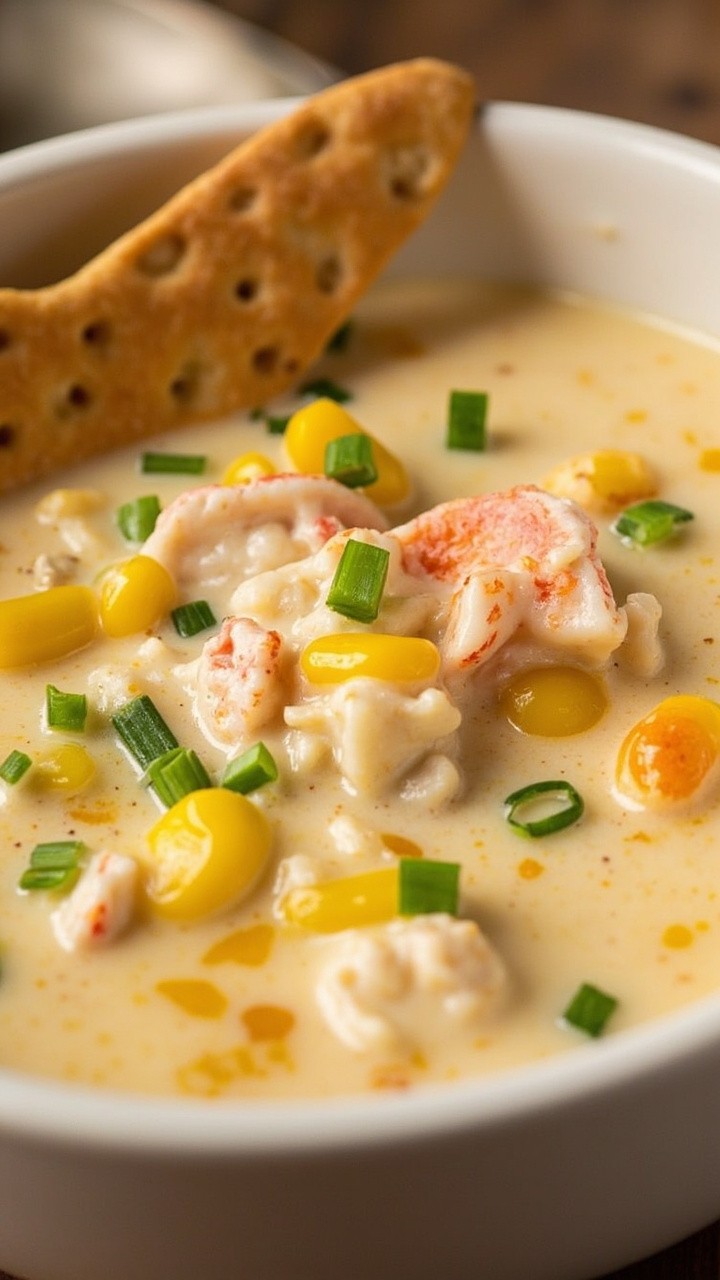 A creamy bowl of chowder with flecks of crab, bright sweet corn kernels, and chopped chives on top. The soup is served in a white ceramic bowl with rustic crackers leaned against the side. A creamy bowl of chowder with flecks of crab, bright sweet corn kernels, and chopped chives on top. The soup is served in a white ceramic bowl with rustic crackers leaned against the side.
